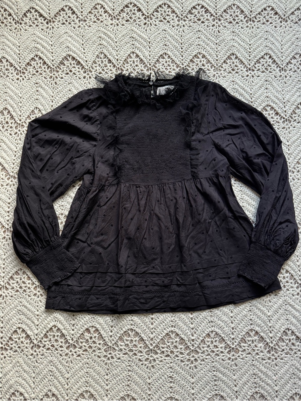 THE GREAT. Black Swiss Dot Ruffle-Neck Blouse Size XS Cotton Tunic Top Ren Fair